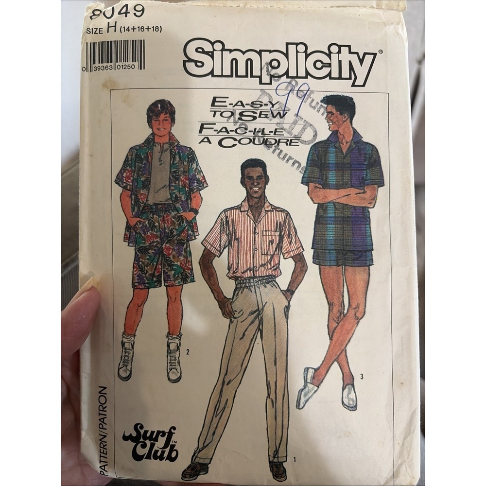 Simplicity 8049 Mens Shirt Pants Shorts Sewing Pattern Size H 14-18 Vintage 1987